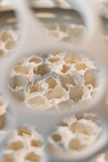 A close-up view of a textured, honeycomb-like structure, featuring irregular, hexagonal openings and a creamy, beige color.