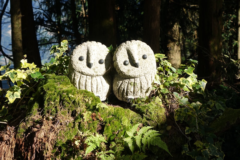 a couple of stone owls sitting on top of a lush green forest