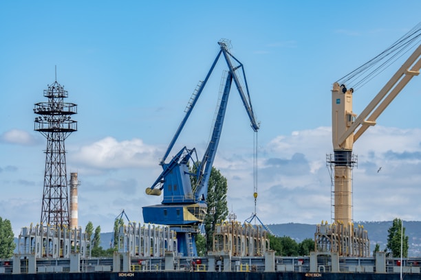 A large industrial crane alongside a tower structure, with a backdrop of trees and hills under a partly cloudy sky. The crane is blue with a distinctive arm extended outward. Various industrial items are located near the base, and there is another crane in the background.
