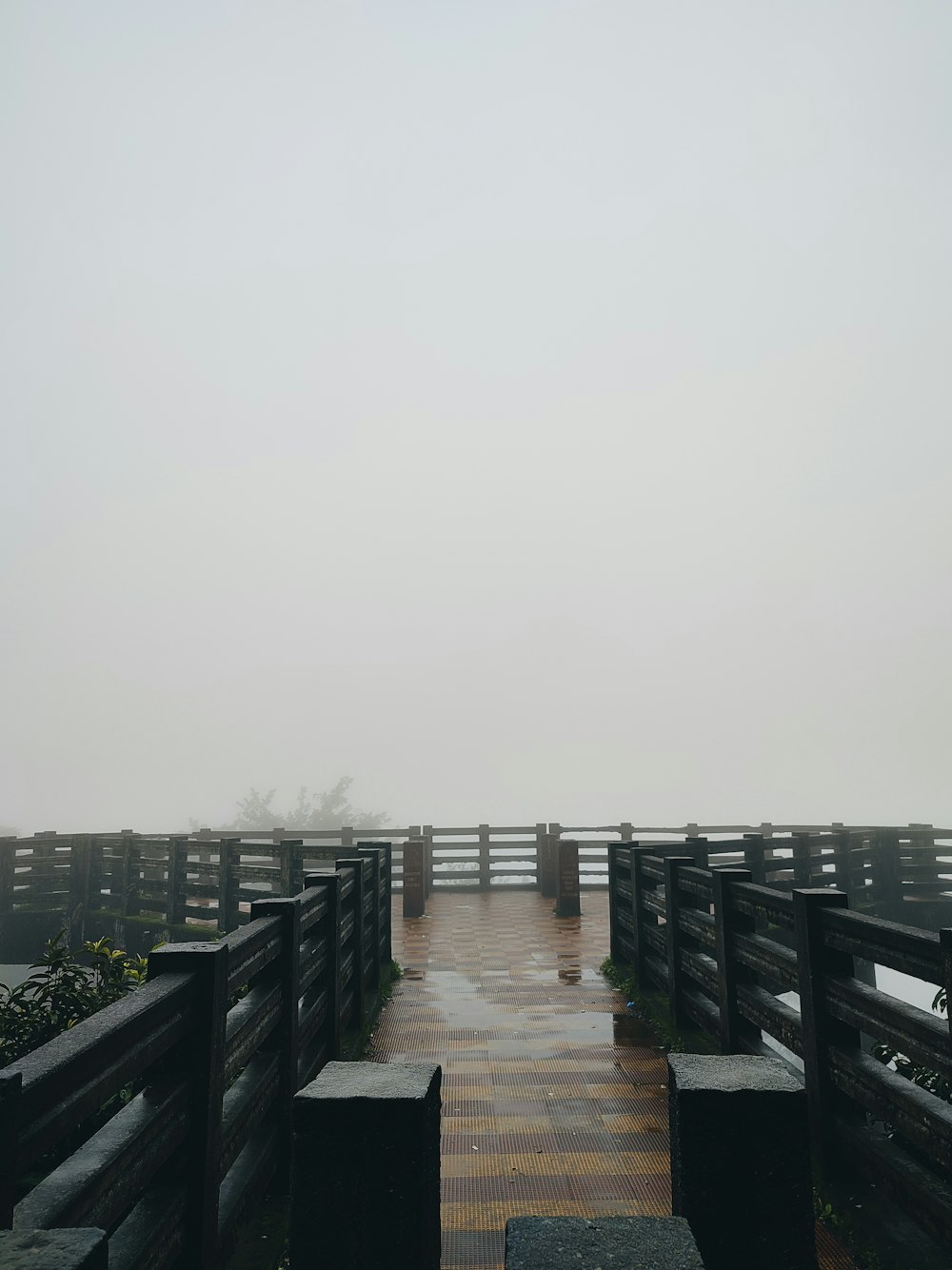 a wooden walkway leading to the ocean on a foggy day