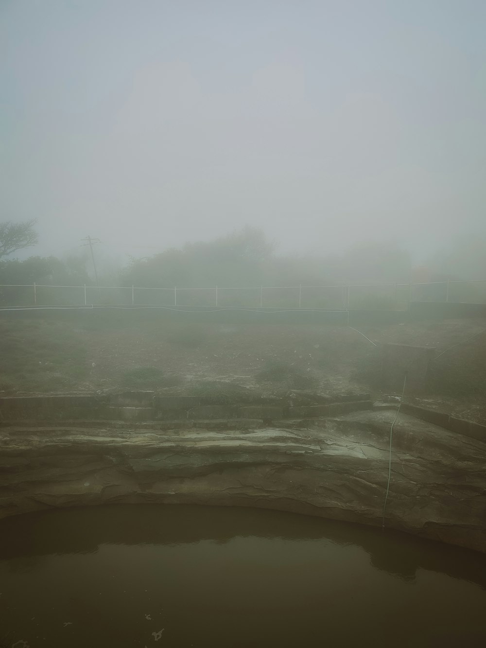 a foggy field with a pond in the foreground