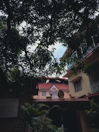 A residential building with a red-tiled roof is partially obscured by lush green trees and foliage. The architecture features decorative elements, including sculptures resembling animals on the roof. The trees create a natural canopy, adding depth and contrast to the scene.