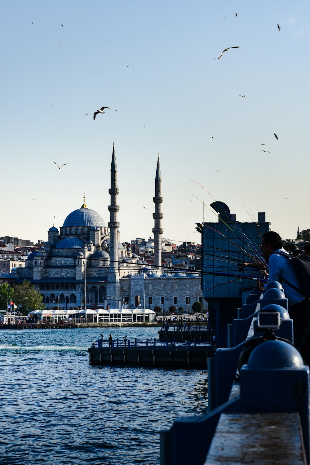 a group of birds flying over a body of water