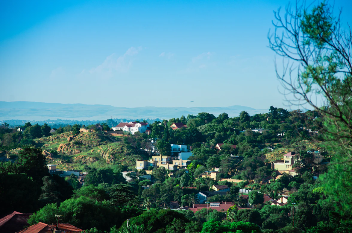 Luxury hotel balcony view over a green Johannesburg suburb