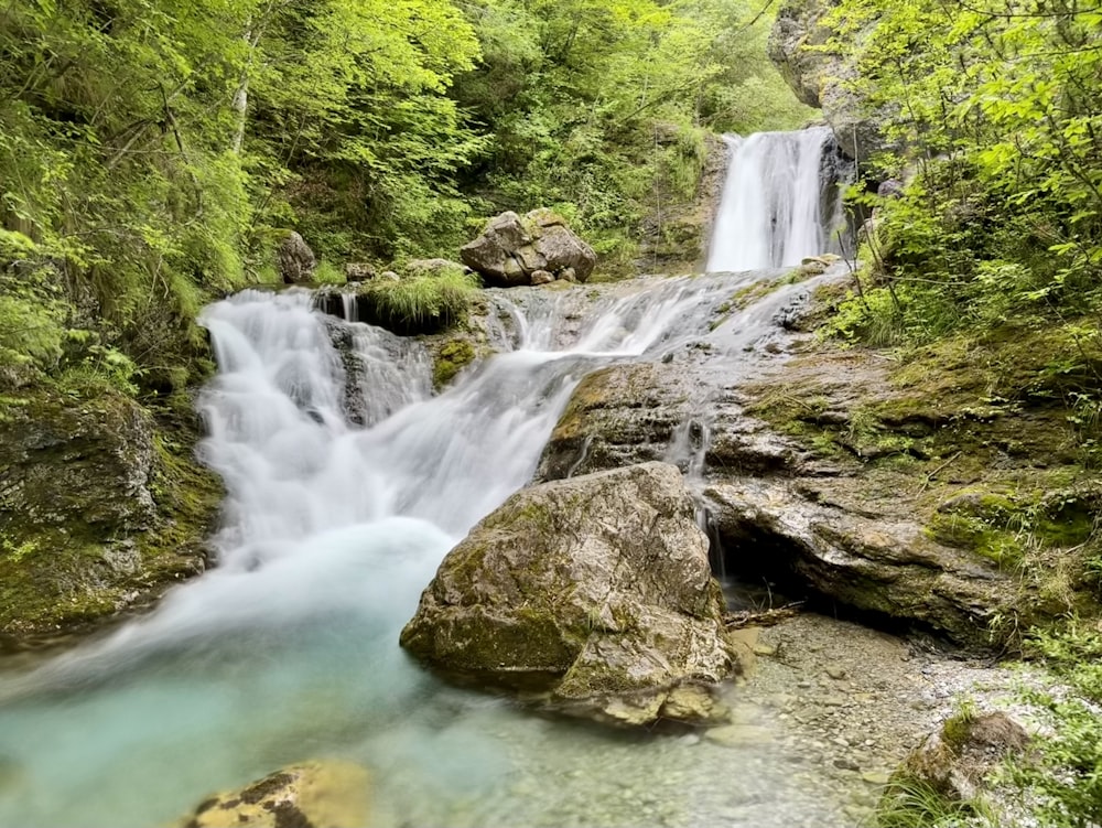 a small waterfall in the middle of a forest