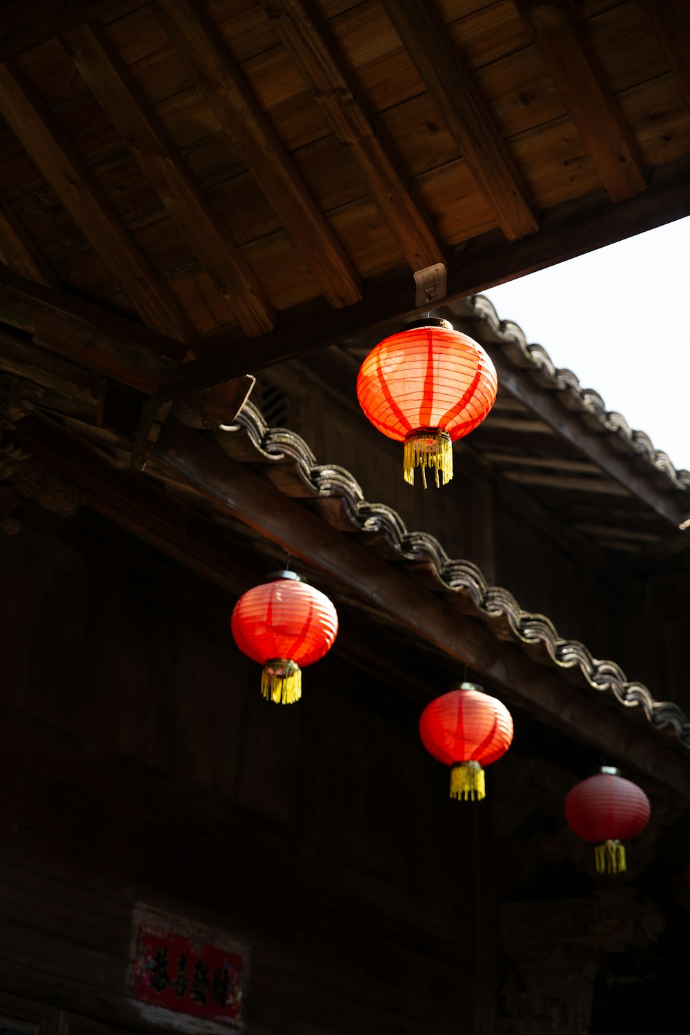 a group of red lanterns hanging from a roof