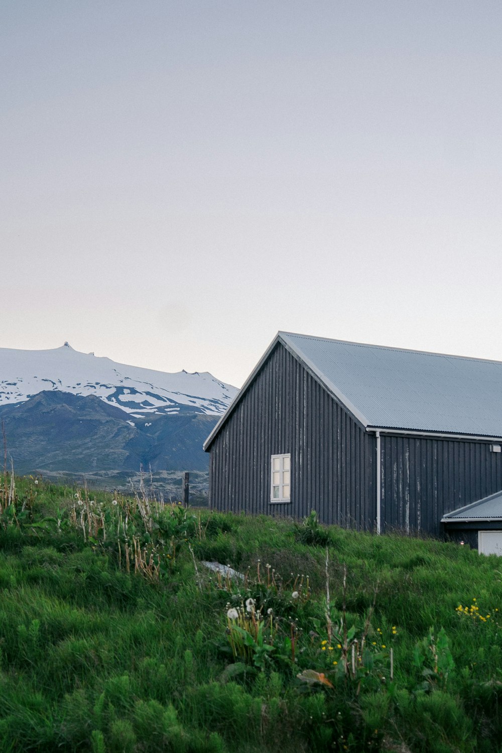 a barn in a field with a mountain in the background