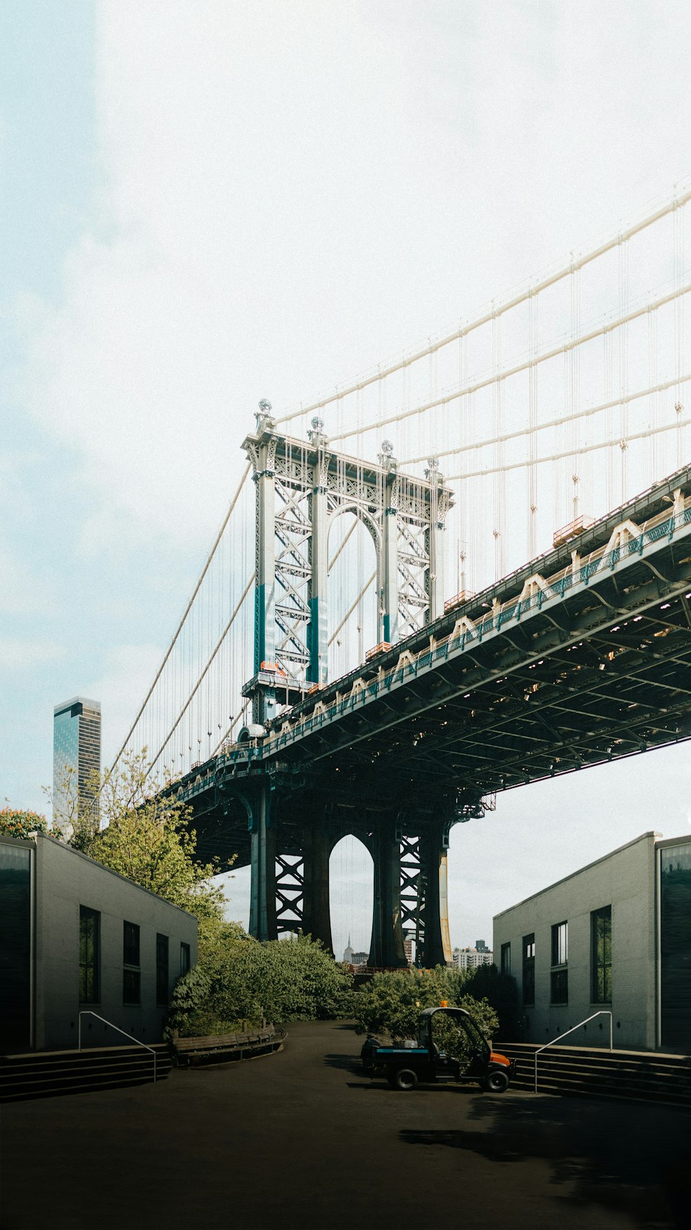 a view of a bridge from a parking lot