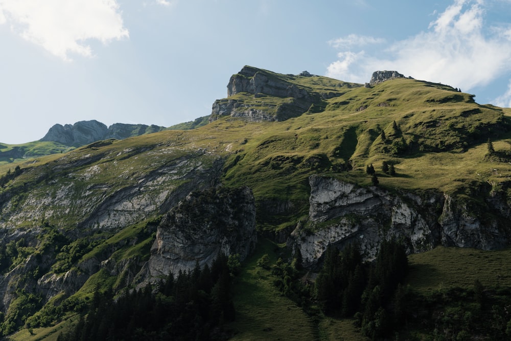 a very tall mountain with lots of grass on top of it