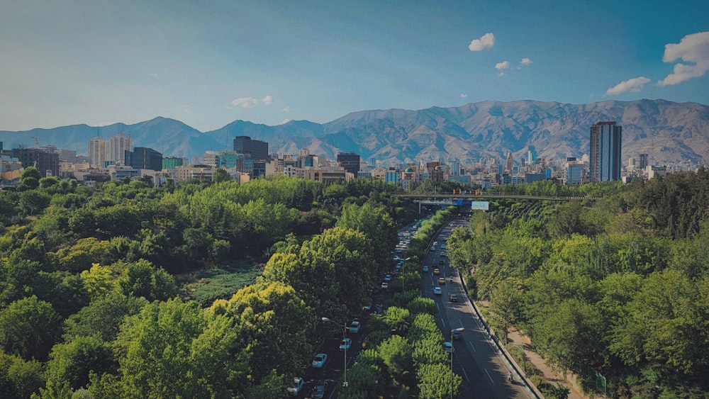 a view of a city with mountains in the background