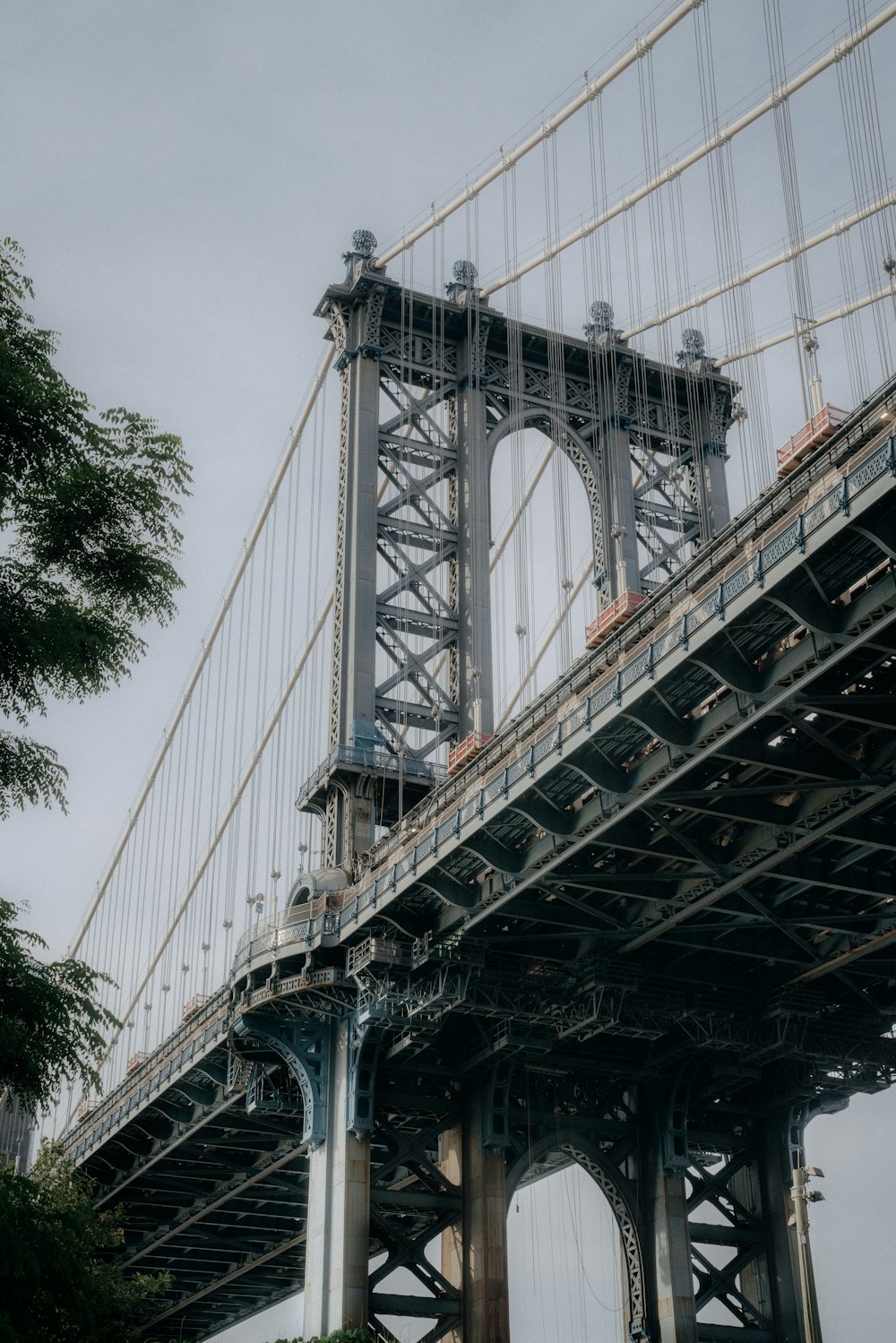 a view of the underside of a large bridge