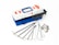 A blue and white toolbox containing various precision tools laid out neatly beside it. The tools appear to be specialized dental or surgical instruments made of metal. There are also black gloves placed on top of the toolbox.
