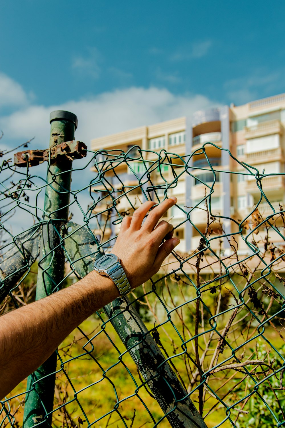 a hand reaching through a chain link fence