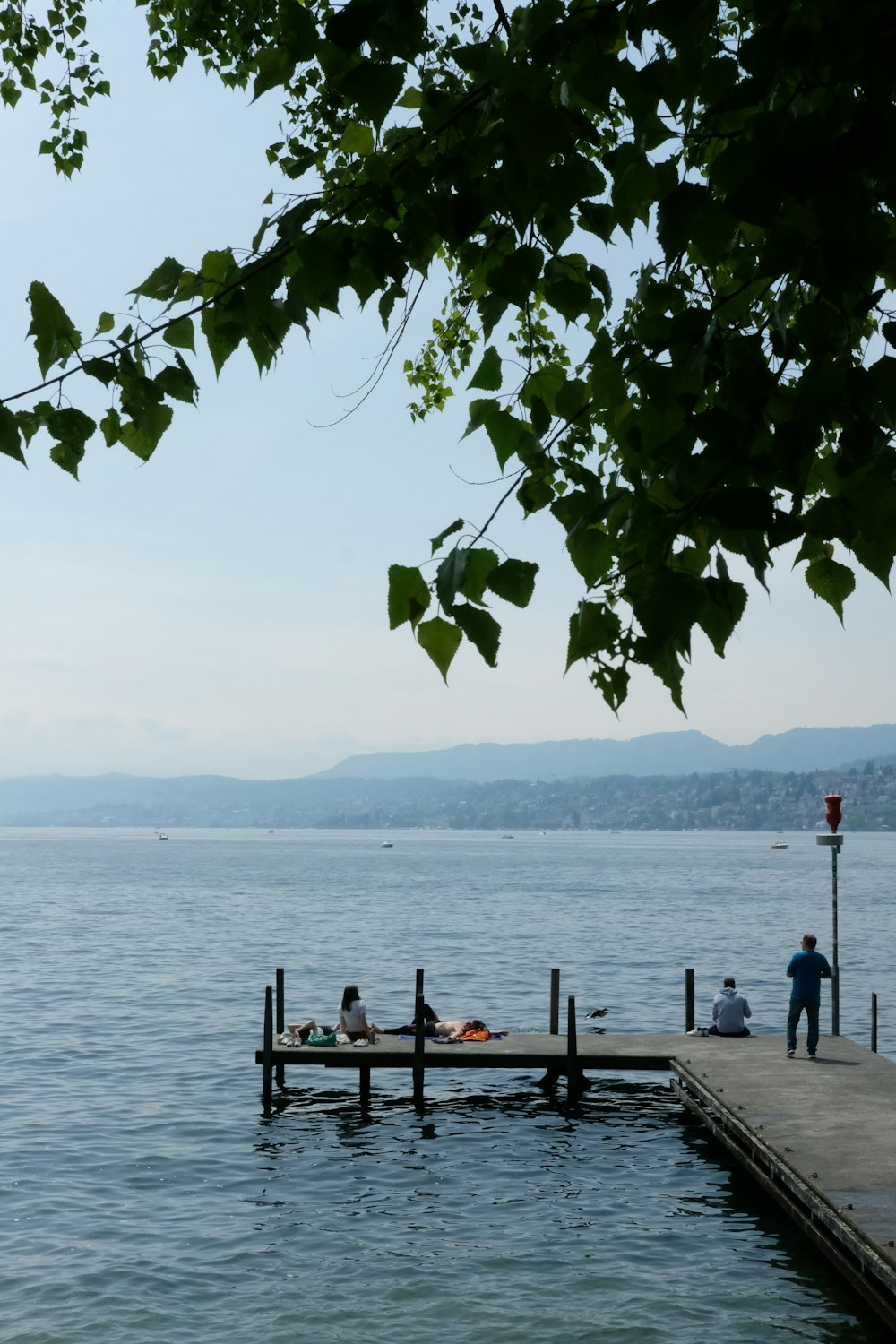 a group of people sitting on a dock by the water