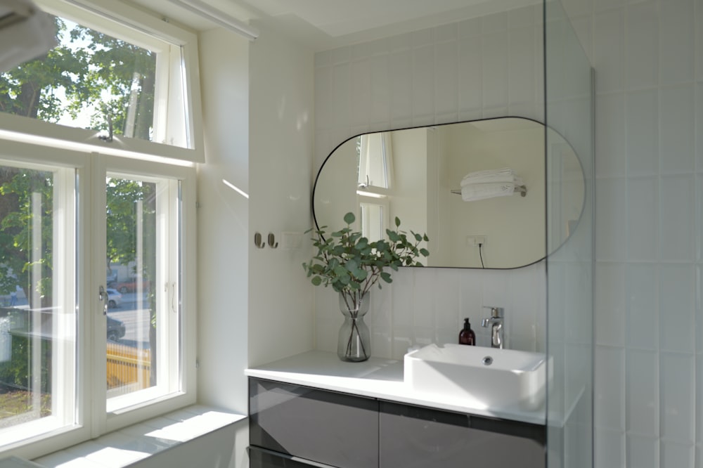 a bathroom with a sink and a large mirror