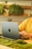 A person is working on a silver laptop with a distinctive logo, seated at a desk adorned with green moss. Decorative plants are visible in the background, conveying a natural and eco-friendly workspace atmosphere.