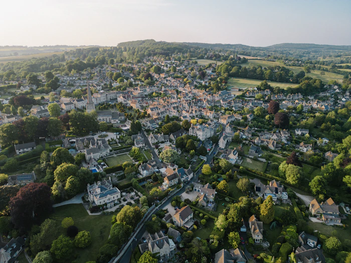 Aerial view UK village Grid Stays short let management Milton Keynes area