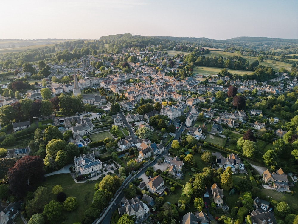 an aerial view of a small town surrounded by trees