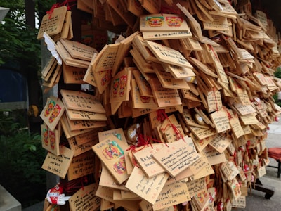 A large collection of wooden plaques with various characters and symbols written on them, each adorned with colorful illustrations. Most plaques are suspended by red strings, creating a dense tapestry of wishes and messages, likely part of a traditional or cultural practice for well-wishing.