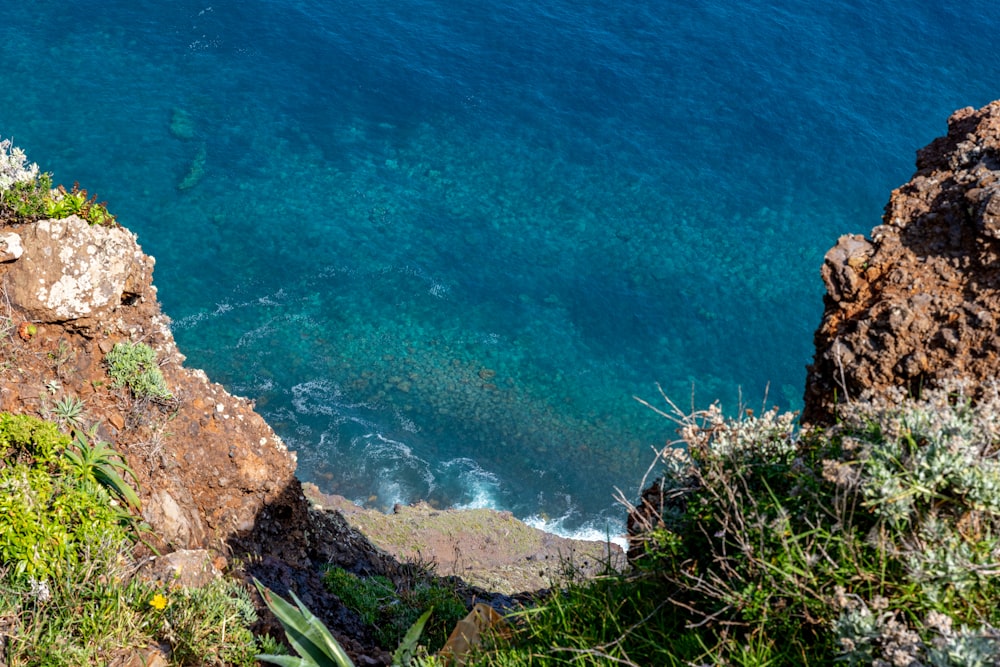 a body of water sitting next to a lush green hillside