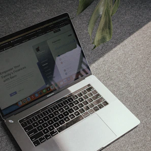 A laptop is placed on a carpeted floor, with its screen displaying a finance-related webpage. Sunlight creates shadows across the laptop and highlights a green plant in the corner.