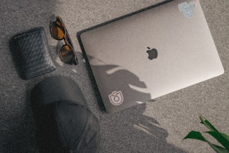 A neatly arranged flat lay featuring a closed laptop with stickers on its surface, a pair of sunglasses with brown lenses, a black woven wallet, and a black baseball cap. These items are resting on a textured gray surface which contrasts with the shadows and highlights. There is a hint of greenery in the bottom right corner, adding a touch of natural color.