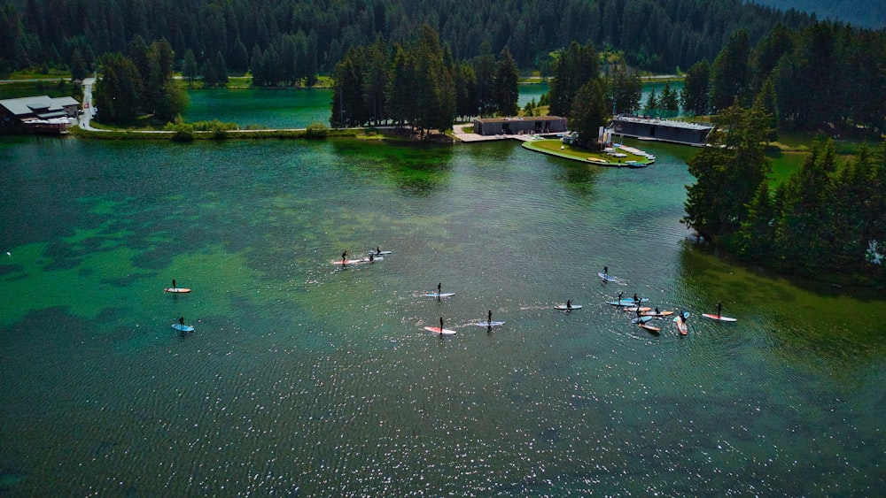 a group of people riding surfboards on top of a lake