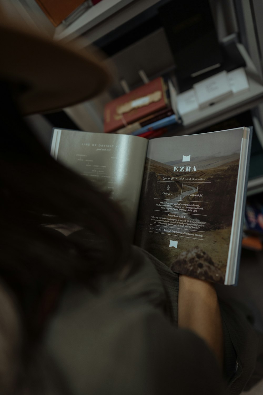 a person reading a book in a room