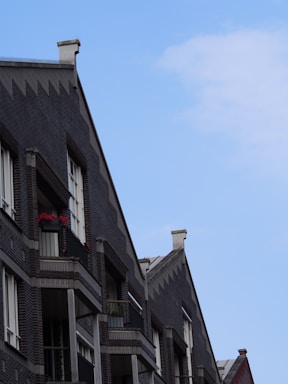 A modern apartment building with dark brick exterior and sharp angular roofs. Several balconies are visible, some with potted plants featuring red flowers. The sky is clear with a light blue tone.
