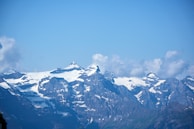Panoramic view of mountain peaks under a clear blue sky.
