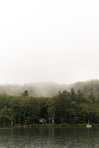 A tranquil lakeside cabin surrounded by soft morning mist and gentle greenery.