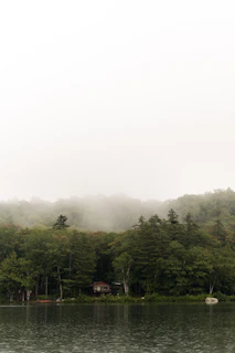 Morning mist rising off Lake Travis with the cabin’s porch in soft focus in the foreground