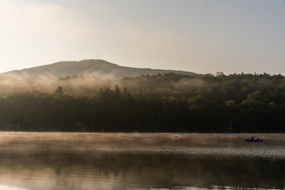 a boat floating on top of a lake next to a forest