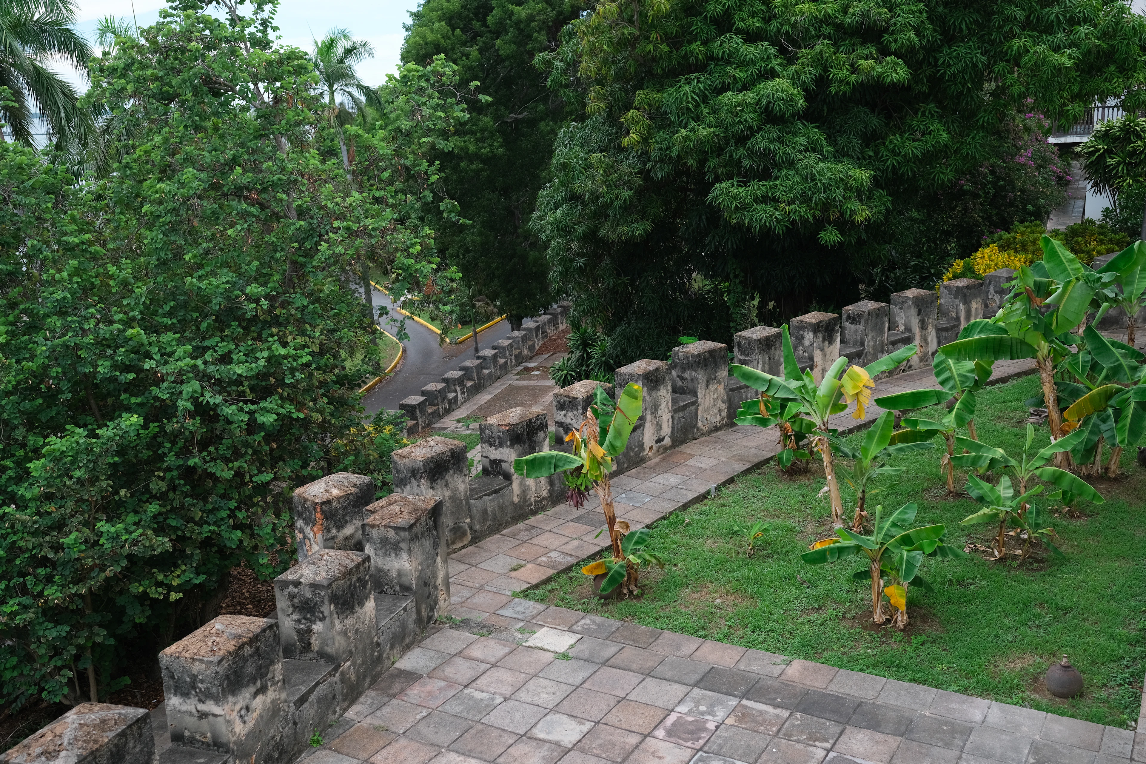 A dry-laid stone wall beside a garden path