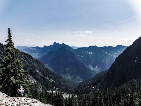 A scenic view of a densely forested valley surrounded by towering mountain peaks under a clear blue sky. A hiker is visible in the foreground, traversing rocky terrain with a backpack, suggesting a sense of adventure and exploration.