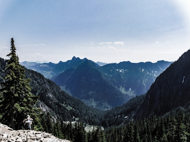 A scenic view of a densely forested valley surrounded by towering mountain peaks under a clear blue sky. A hiker is visible in the foreground, traversing rocky terrain with a backpack, suggesting a sense of adventure and exploration.