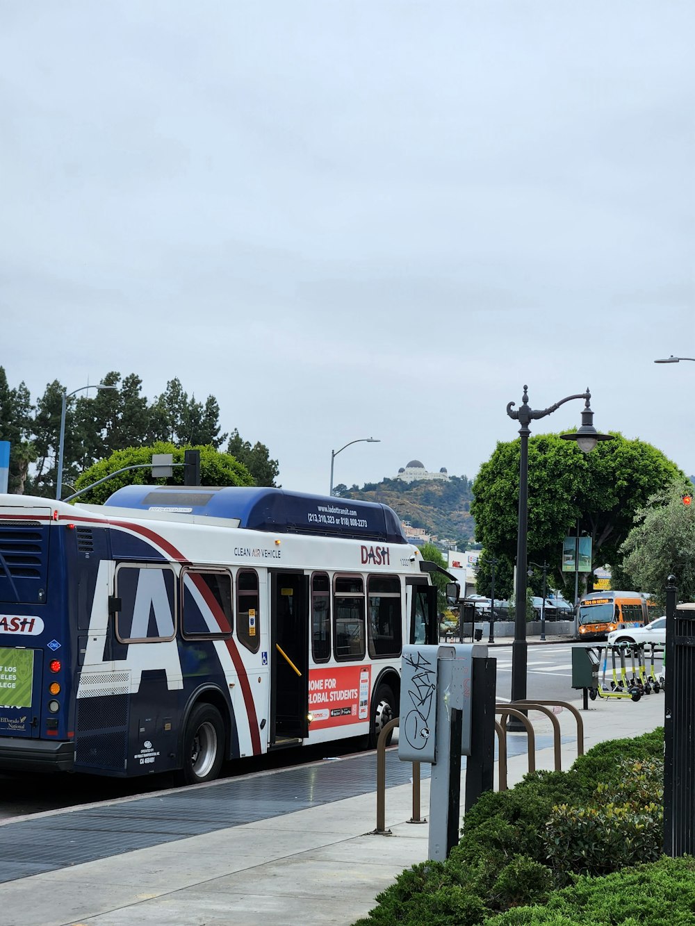 a blue and white bus driving down a street