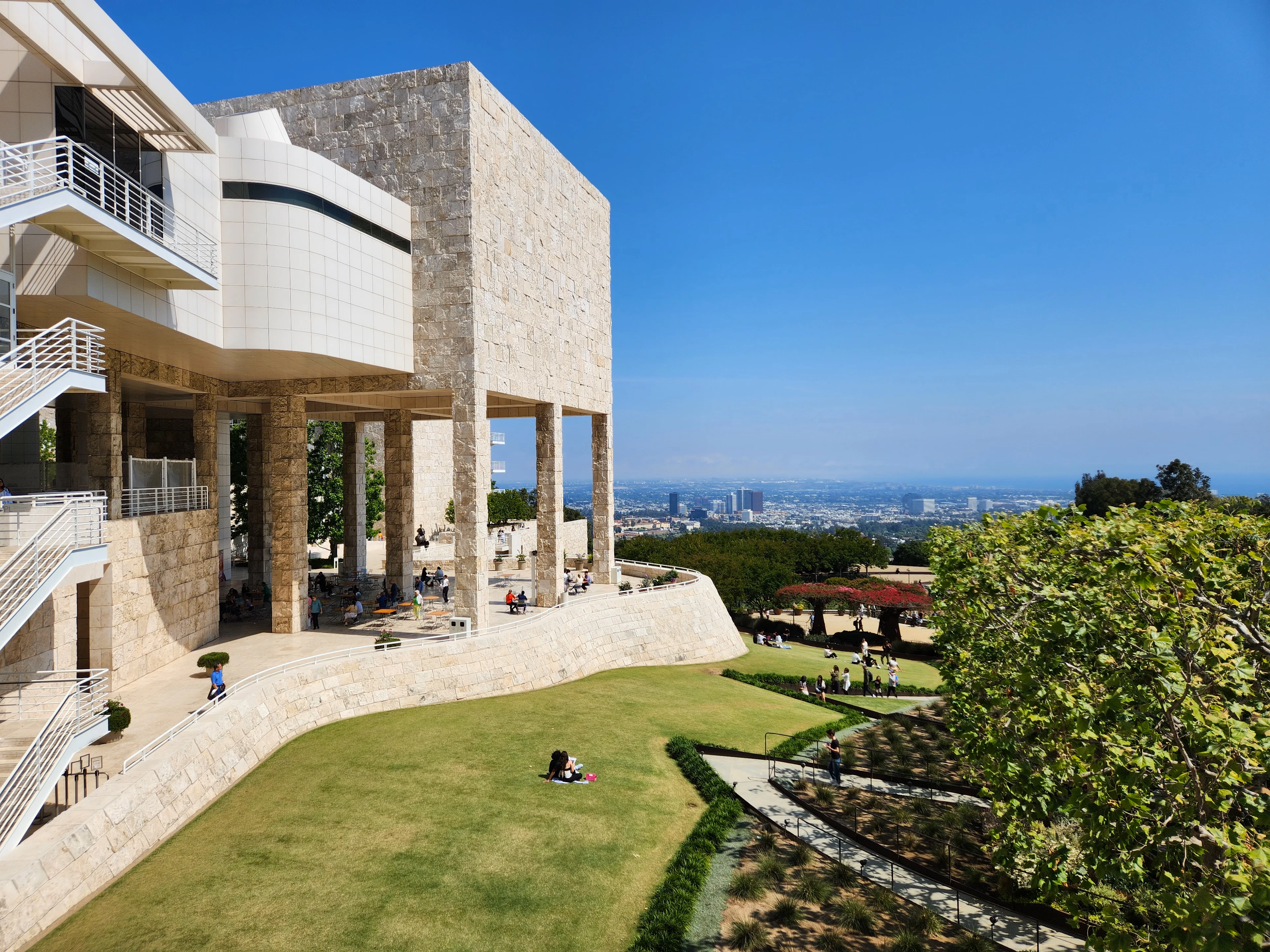 The stone buildings and garden of the Getty Center on its hill, with Los Angeles spreading into the distance