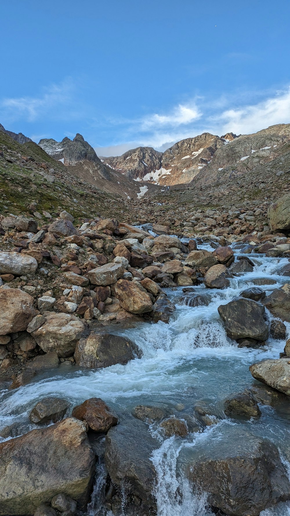 a mountain stream running through a rocky valley