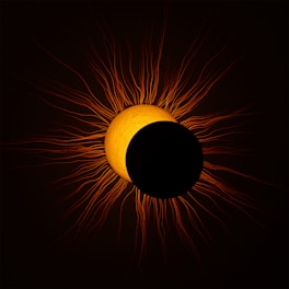 A celestial event featuring a dark silhouetted circle obscuring part of a bright, textured sphere with radiating orange filaments resembling solar corona.
