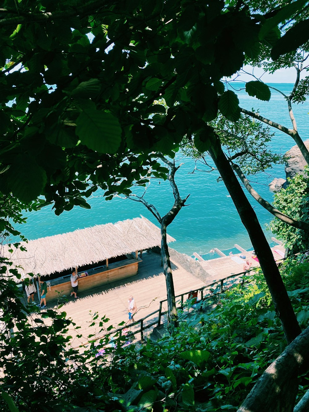 a beach with a thatched roof next to the ocean