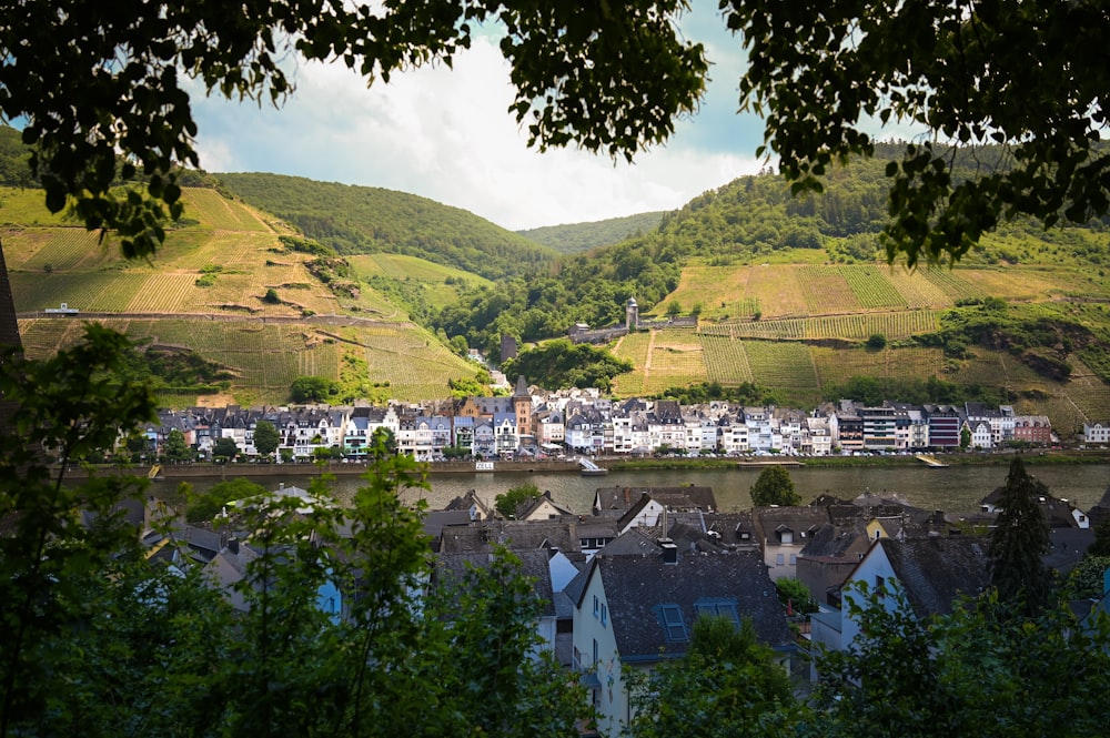 a view of a small town on a river