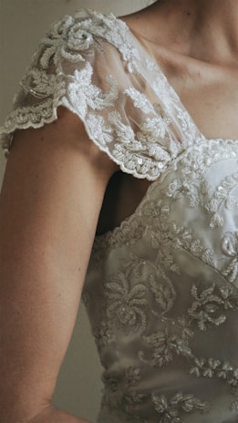 Close-up of a person wearing an intricately embroidered, lace-covered garment. The lace is detailed with floral patterns and covers the shoulder and upper arm area, featuring a delicate, feminine design.