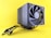 A computer cooling fan or air cooler with a large, black circular fan is connected with multiple cables and placed against a bright yellow background. The design is sleek and modern, featuring a metallic grid structure.