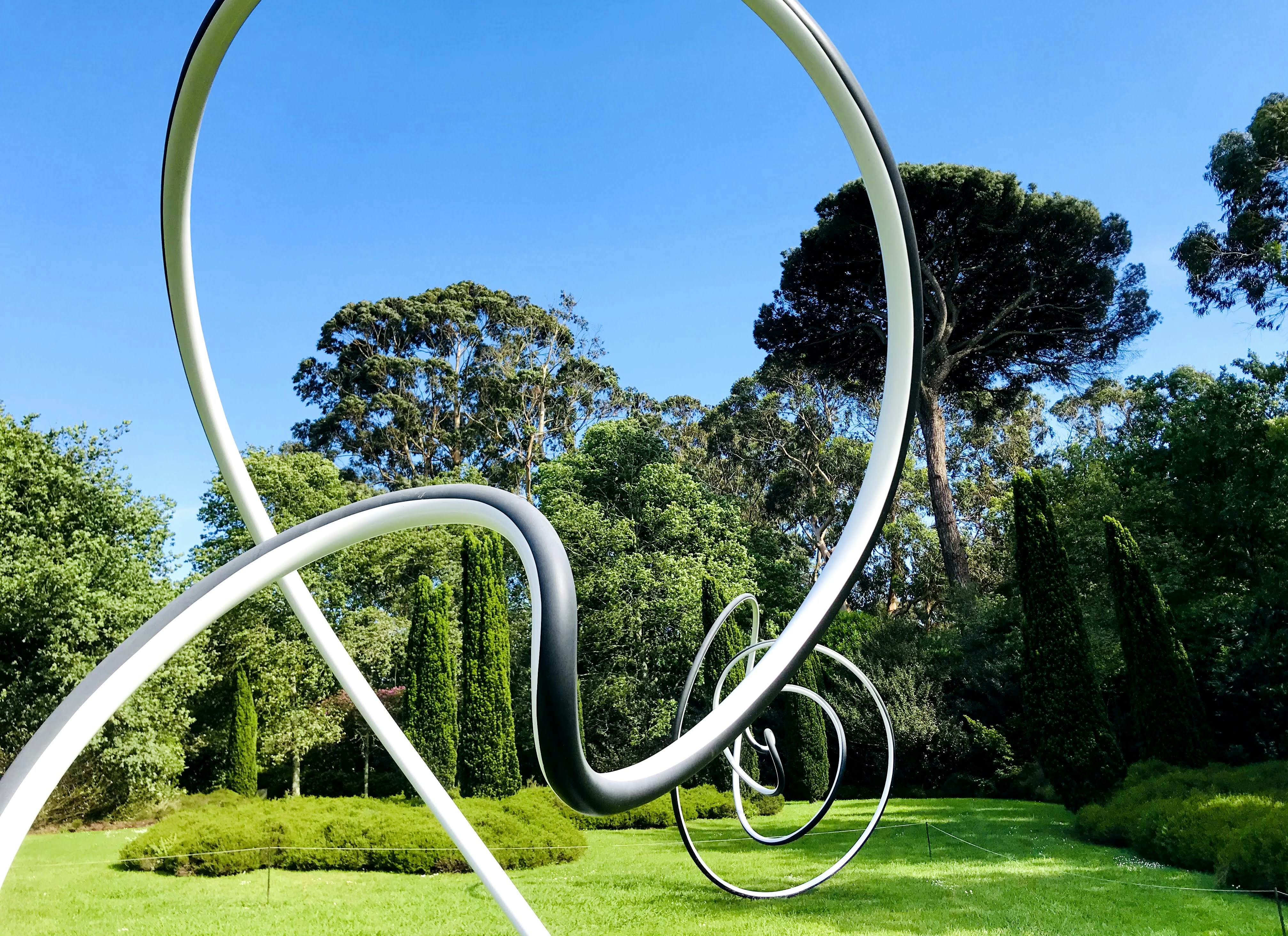 Abstract sculpture in outdoor garden, bright natural daylight, lush green surroundings