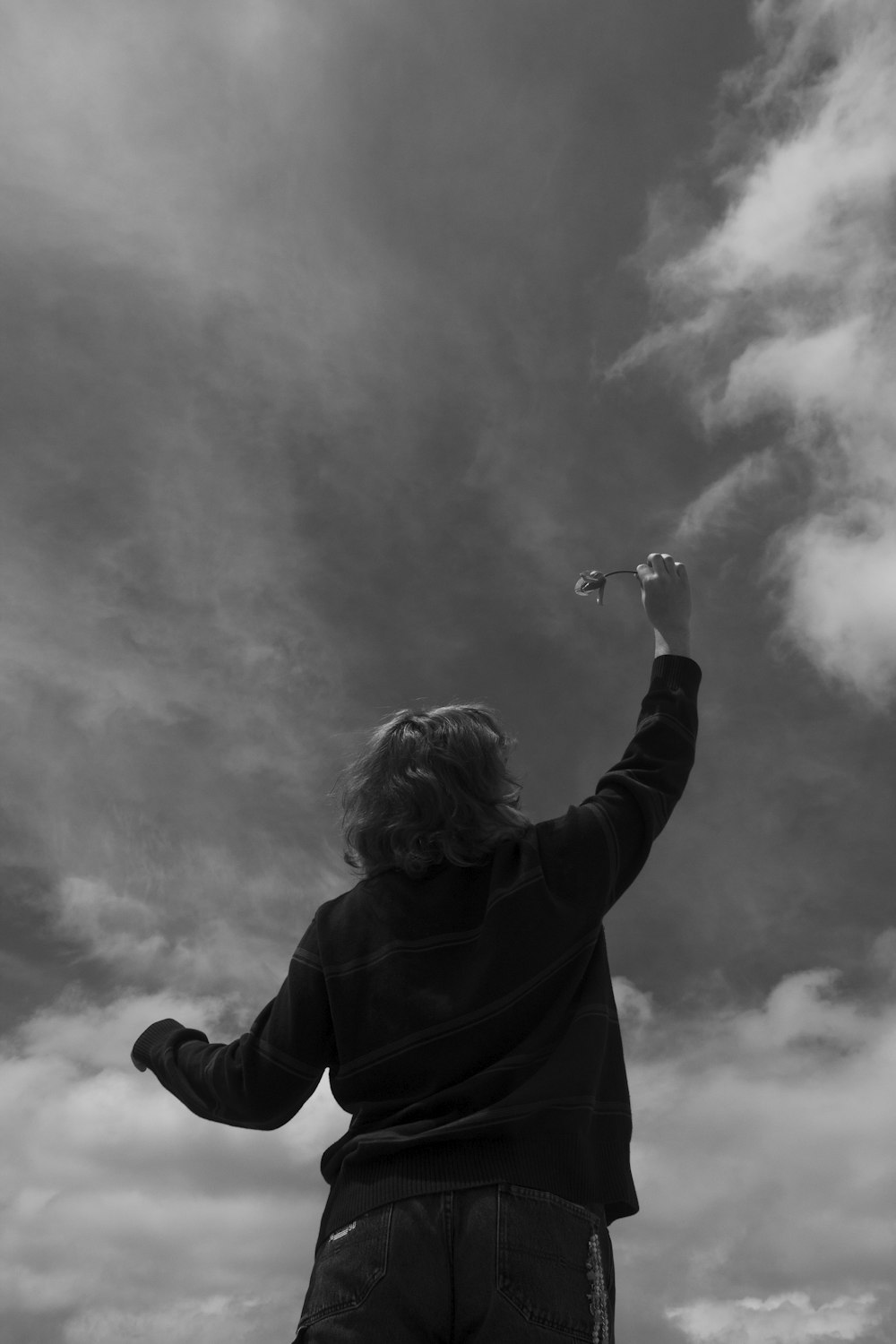 a person flying a kite in a cloudy sky