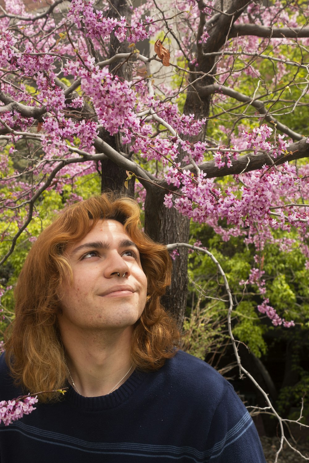 a man standing in front of a tree with pink flowers