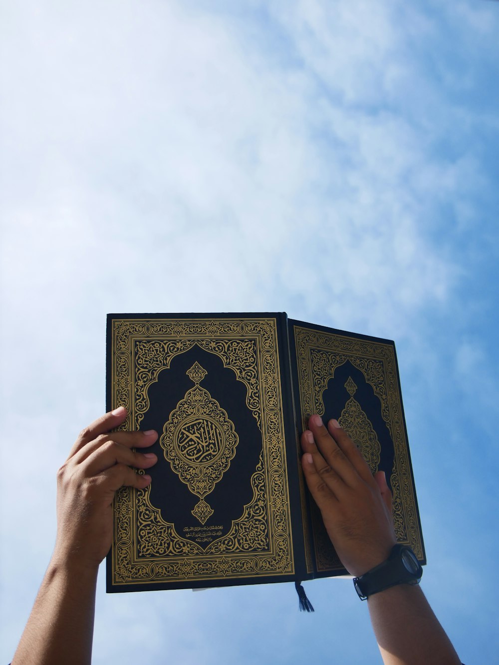 a person holding up a book in the air