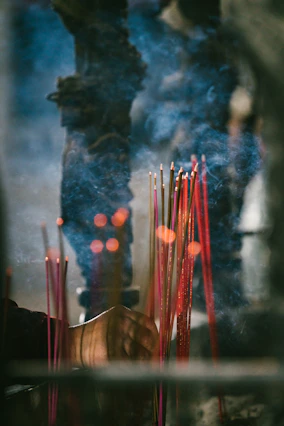 a person standing next to a bunch of sticks