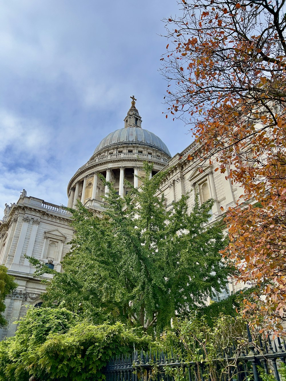 a large building with a dome and a fence in front of it